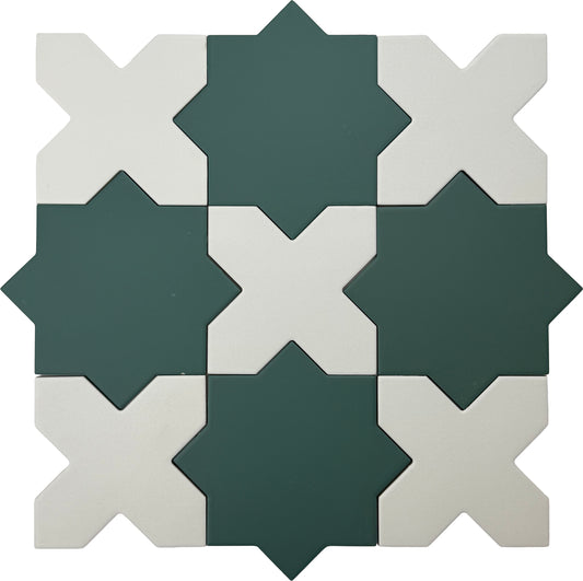 Sage Green 7" and  Pure White 5" Matte Porcelain Star and Cross Tile