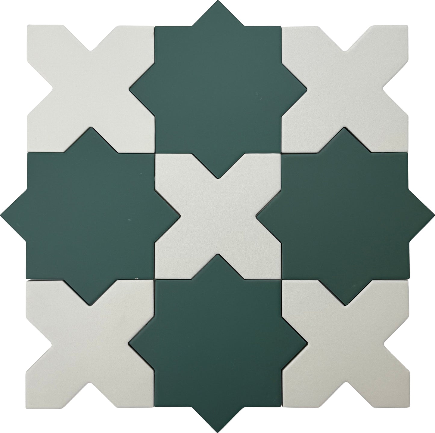Sage Green 7" and  Pure White 5" Matte Porcelain Star and Cross Tile - Sample