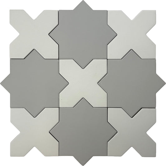 Light Gray 7" and  Pure White 5" Matte Porcelain Star and Cross Tile