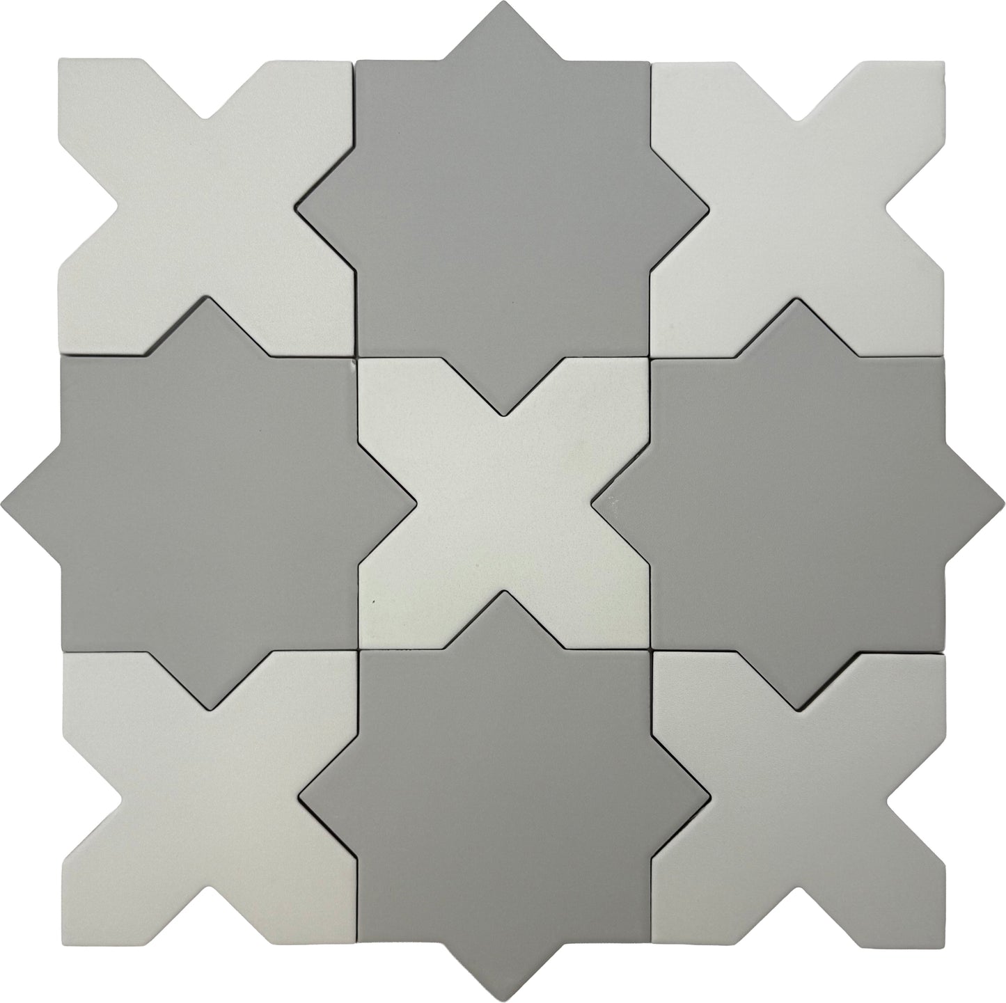 Light Gray 7" and  Pure White 5" Matte Porcelain Star and Cross Tile - Sample