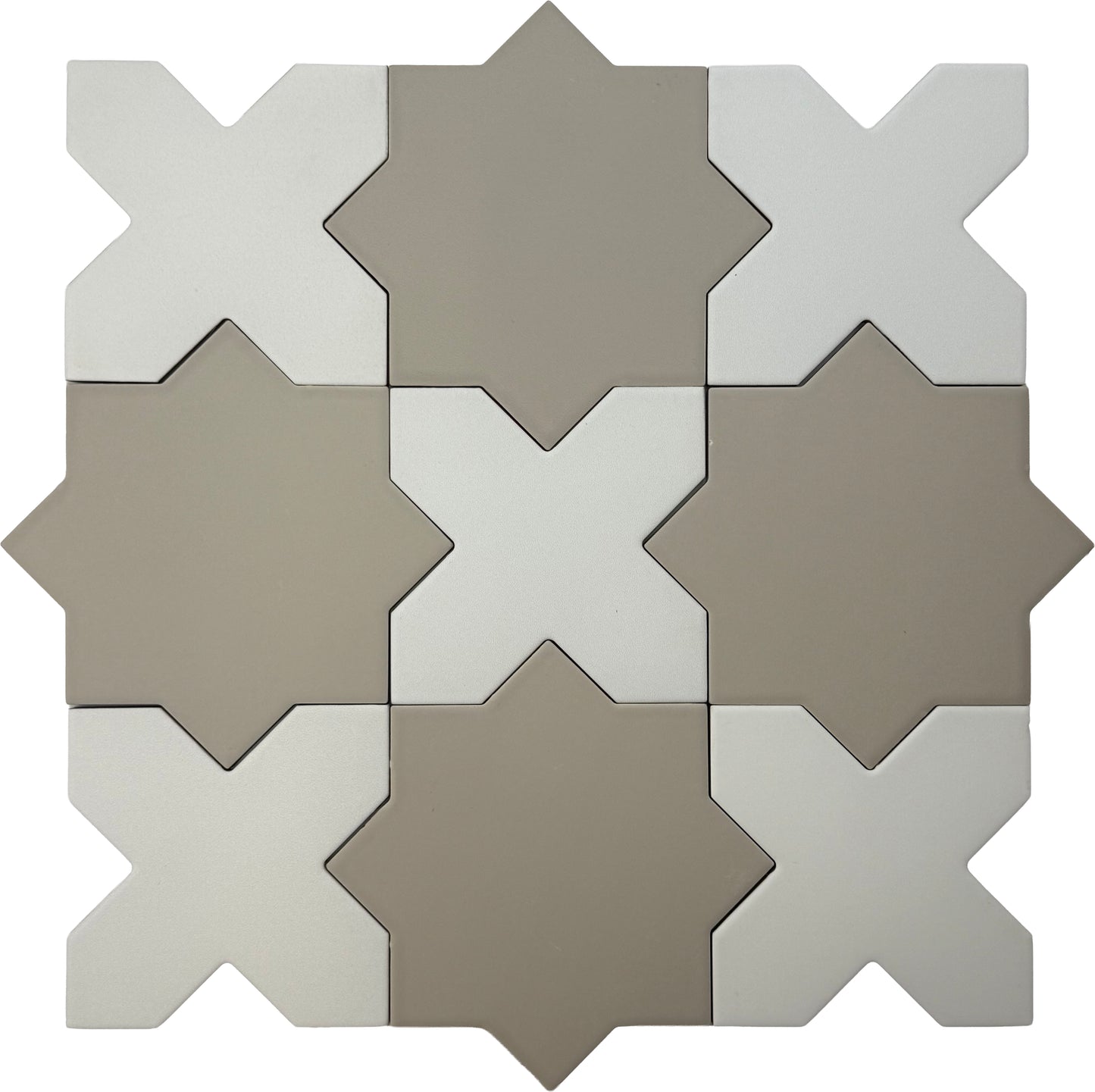 Ecru Taupe 7" and  Pure White 5" Matte Porcelain Star and Cross Tile