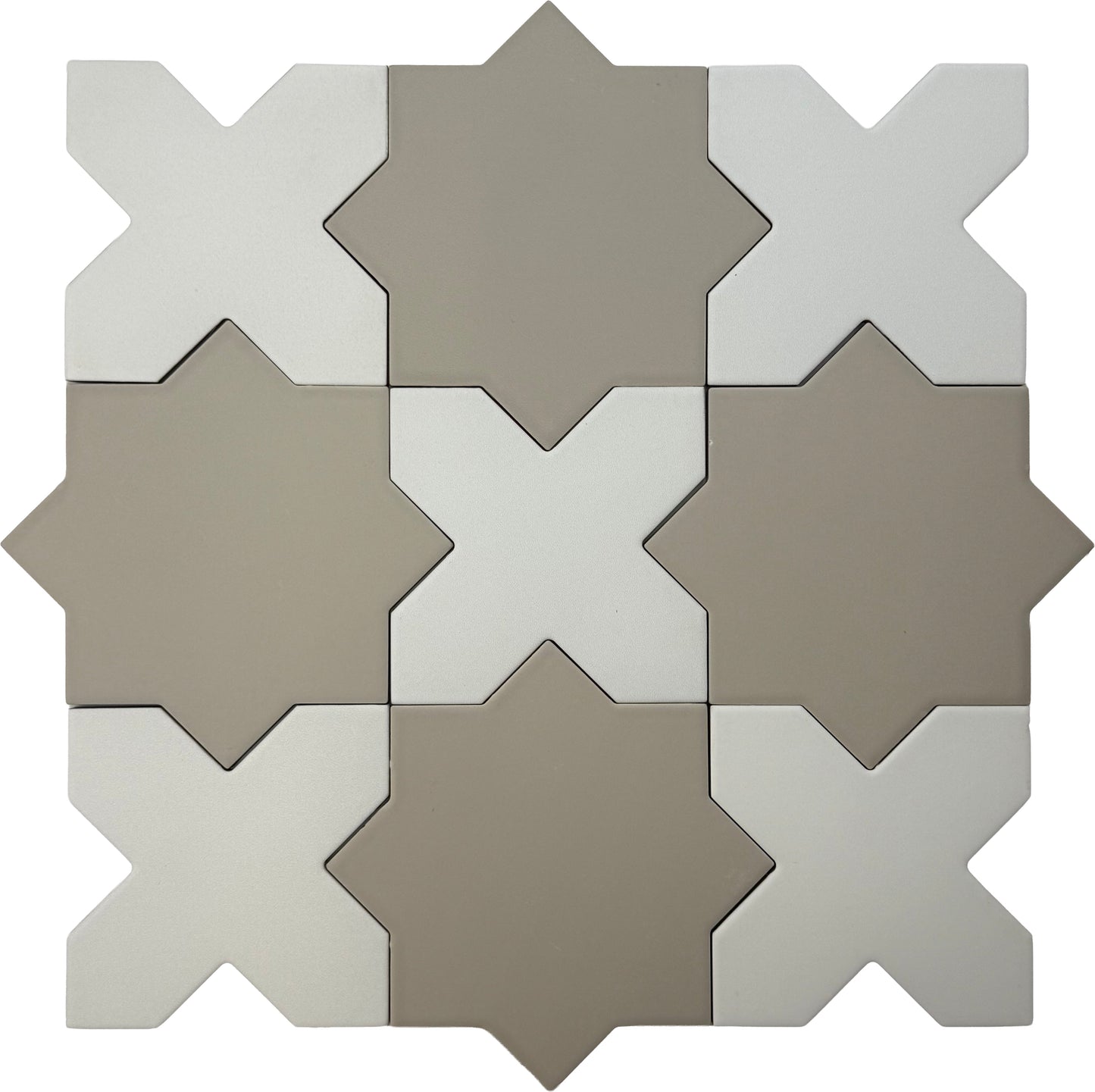 Ecru Taupe 7" and  Pure White 5" Matte Porcelain Star and Cross Tile - Sample