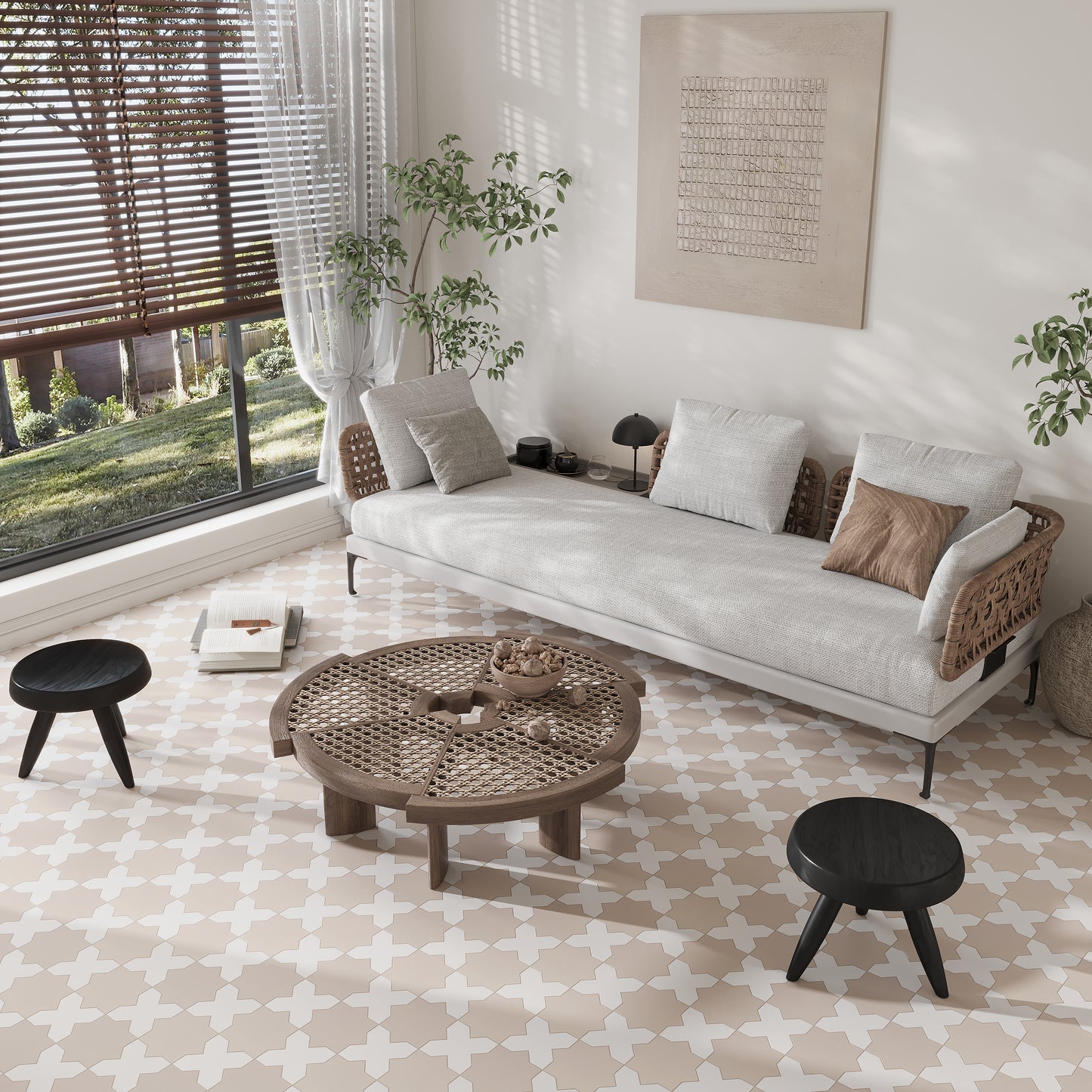 Ecru Taupe 7" and  Pure White 5" Matte Porcelain Star and Cross Tile