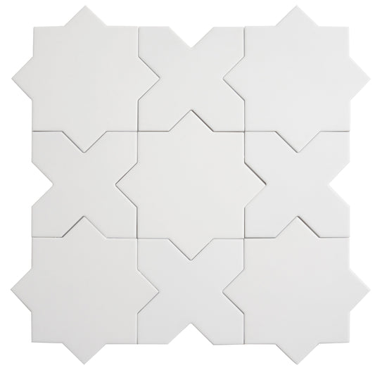 Pure White 7" and 5" Matte Porcelain Star and Cross Tile - Sample