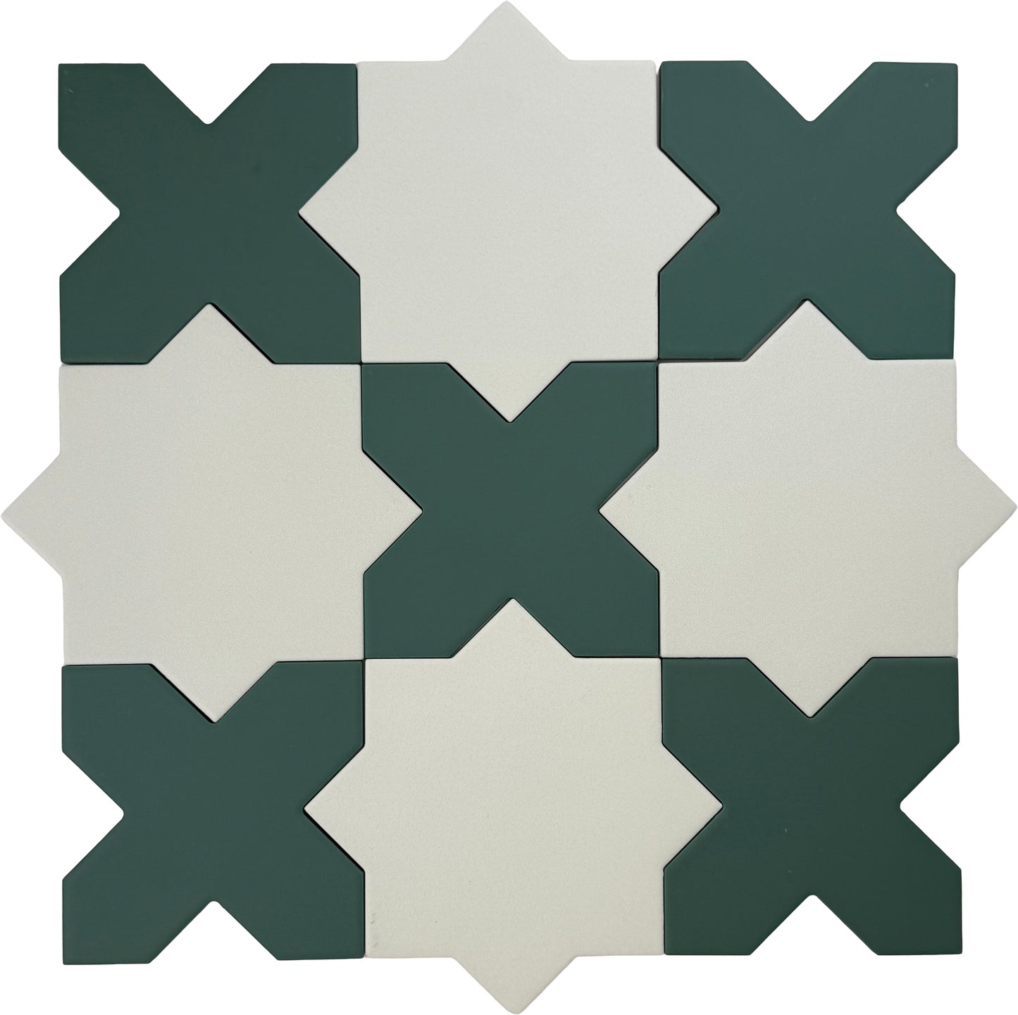 Pure White 7" and  Sage Green 5" Matte Porcelain Star and Cross Tile