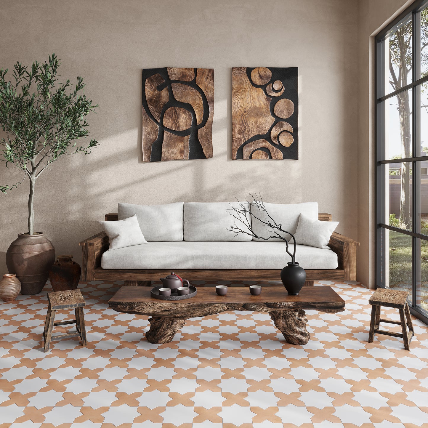 Pure White 7" and  Terracota 5" Matte Porcelain Star and Cross Tile