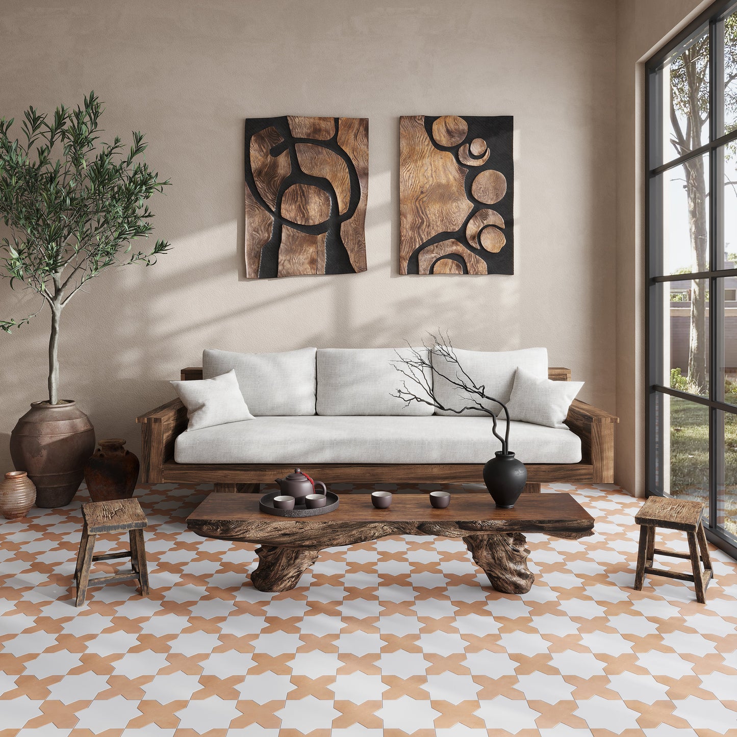Pure White 7" and  Terracota 5" Matte Porcelain Star and Cross Tile - Sample