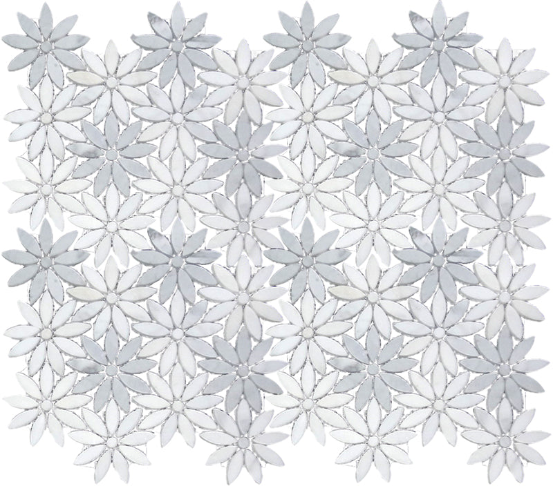 Eastern White and Bardiglio polished marble mosaic tile with floral petal design in 10x11 inch size