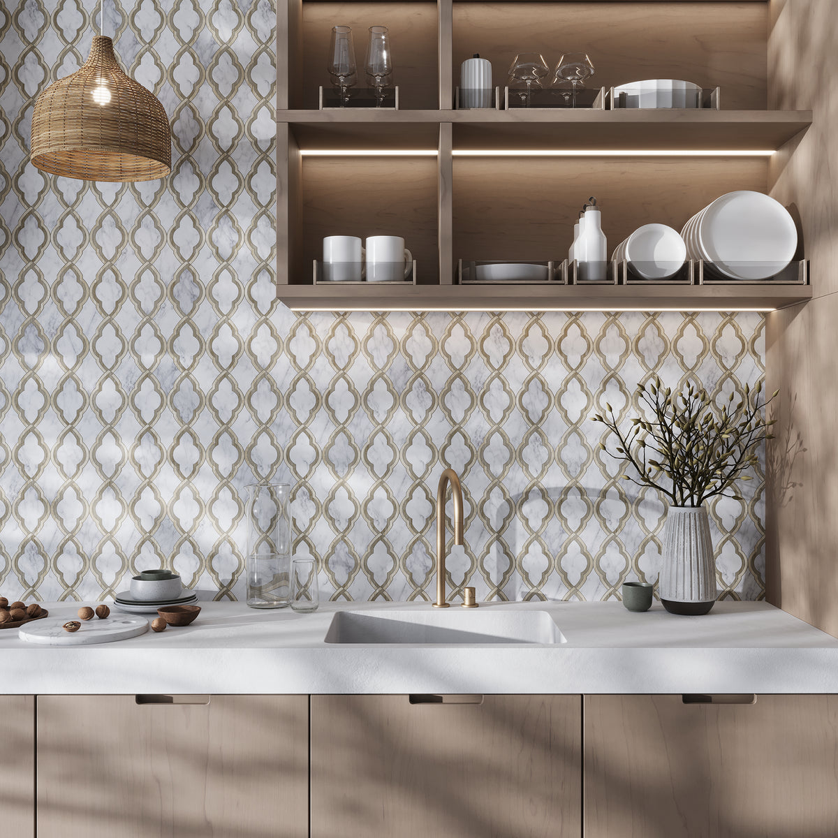 Bianco Carrara, Wooden and Athens Grey 14 x 14 Polished Marble Mosaic Tile