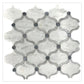 soft white and gray 12x12 polished stone mosaic tile with arabesque pattern and dark gray circular accents
