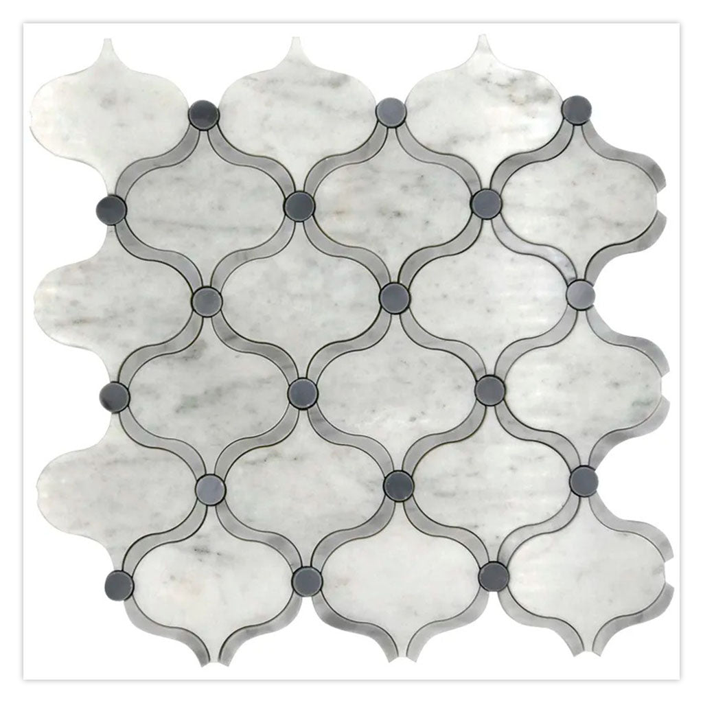 soft white and gray 12x12 polished stone mosaic tile with arabesque pattern and dark gray circular accents
