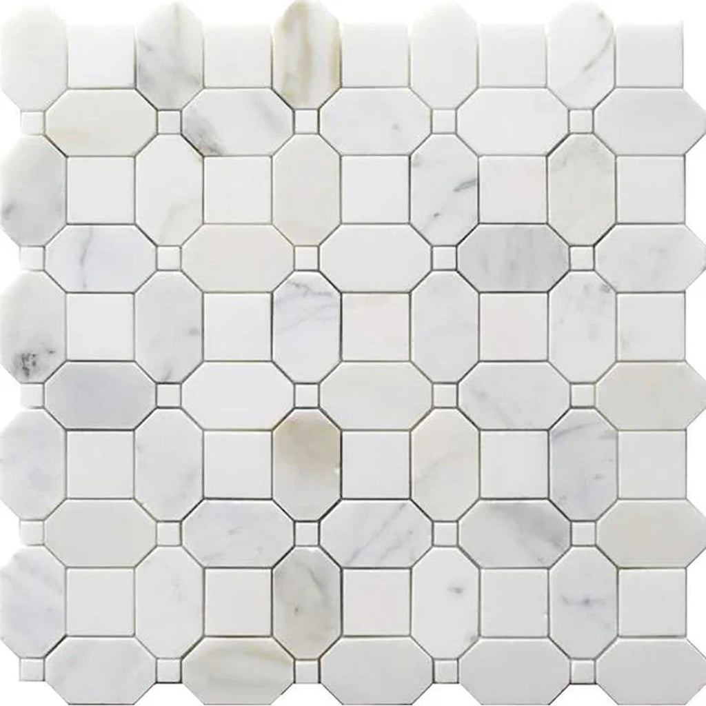 White Gray 12x12 Polished Calacatta Gold, Thassos Mosaic Tile
