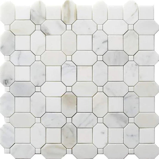 White Gray 12x12 Polished Calacatta Gold, Thassos Mosaic Tile