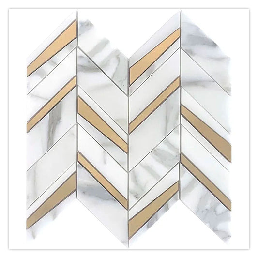 White Gray with Gold 12 x 12 Polished Marble, Brass Mosaic Tile - Sample