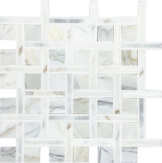 White Gray 12x12 Polished Calacatta Gold, Thassos Mosaic Tile