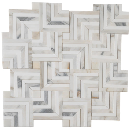 White Gray 10x10 Polished Calacatta Gold, Thassos Mosaic Tile - Sample
