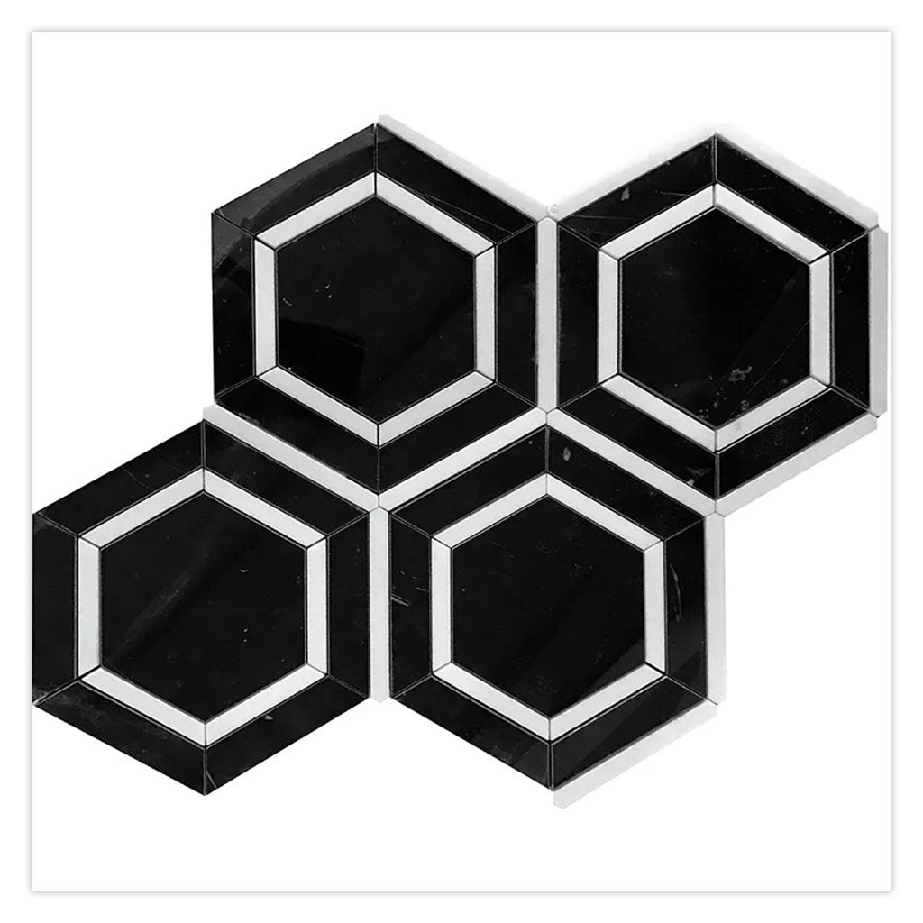 Hexagonal polished Nero Marquina and Thassos marble mosaic tiles in Raven Black 11x13