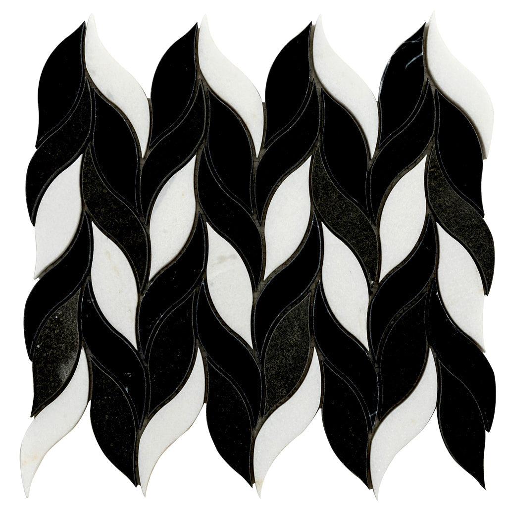 Polished black and white Eastern Black Thassos Basalt marble mosaic tile with leaf-shaped pattern