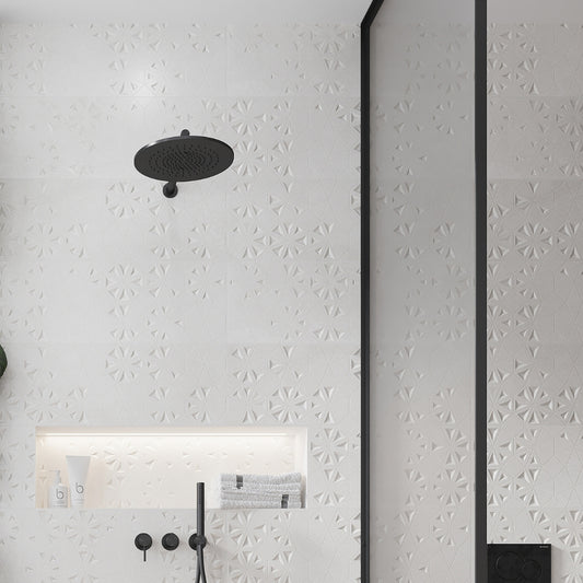 White 12 x 36 Matte Ceramic Floral Large Tile