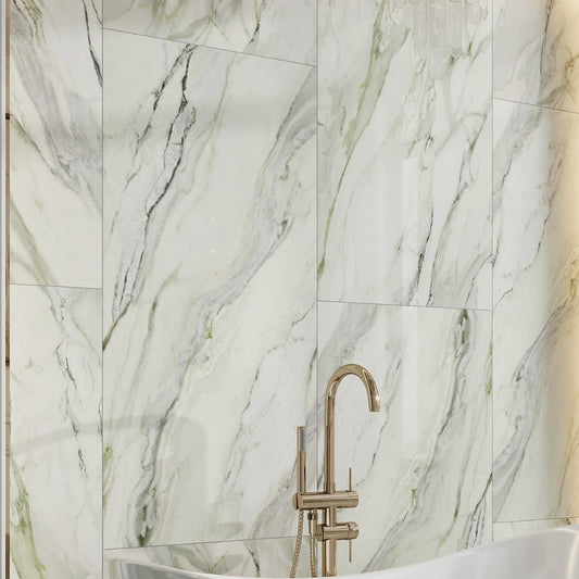 White with Sage Green Veins 24 x 48 Polished Porcelain Large Tile