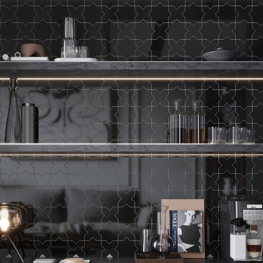 Black 5 x 5 Glossy Ceramic Star Tile