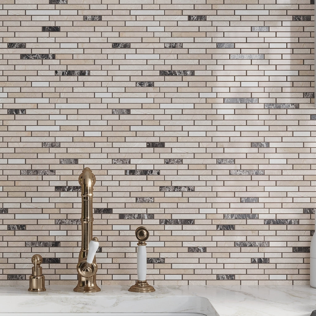 Beige 12 x 12 Polished, Split face Crema Marfil, Emperador Dark Marble Mosaic Tile
