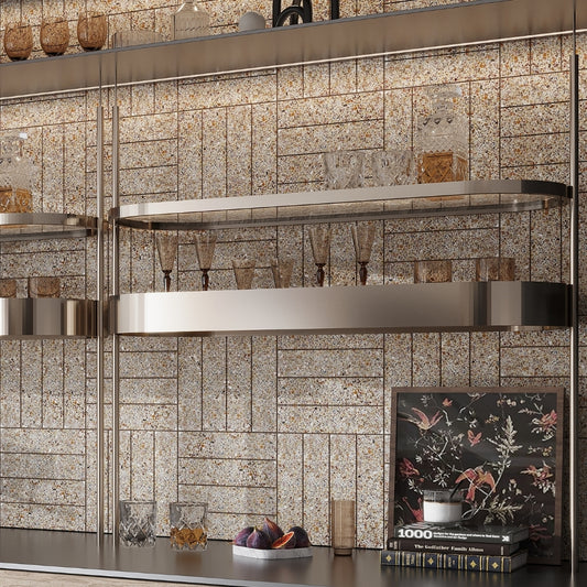 Ivory White with Copper flecks 3x12 Glossy Shell, Terrazzo Elongated Subway Tile