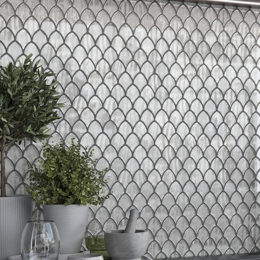Silver 11 x 11 Glossy Fish Scale Glass Mosaic Tile