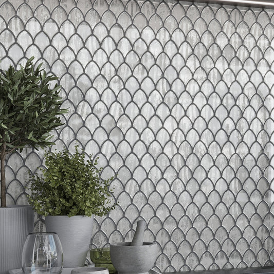 Silver 11 x 11 Glossy Fish Scale Glass Mosaic Tile