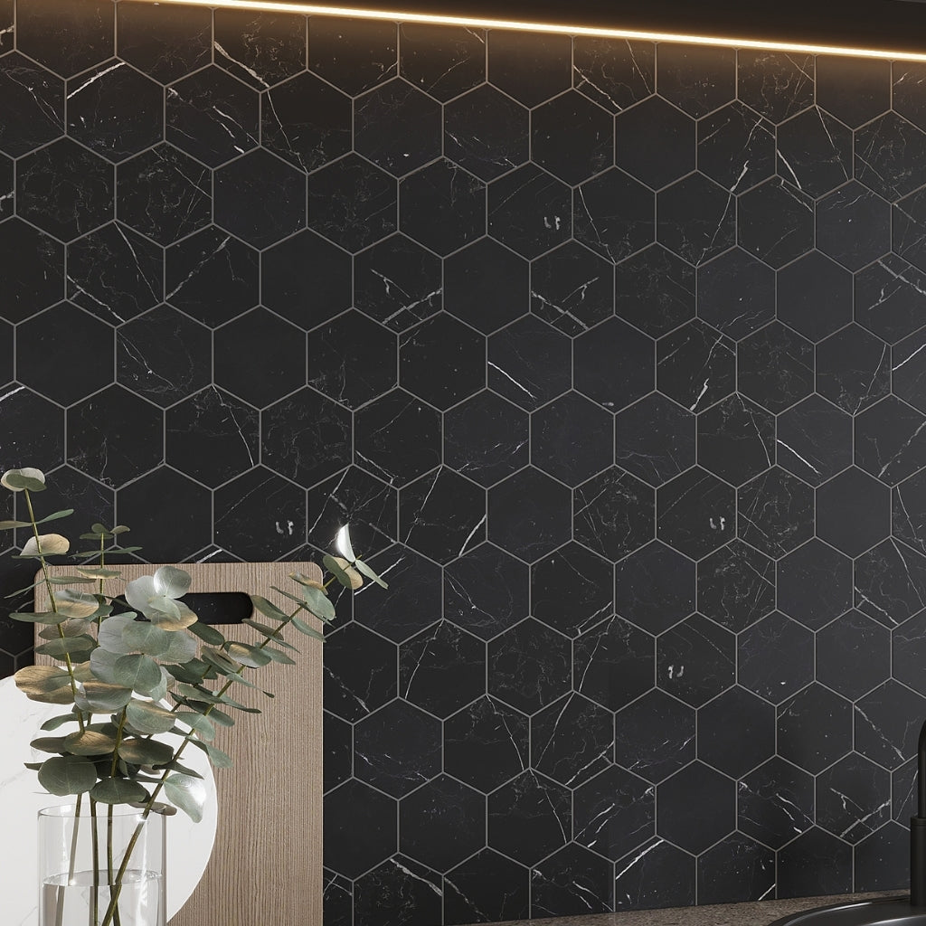 Black with white veins 10 x 12 Polished Glass, Recycled Glass Mosaic Tile