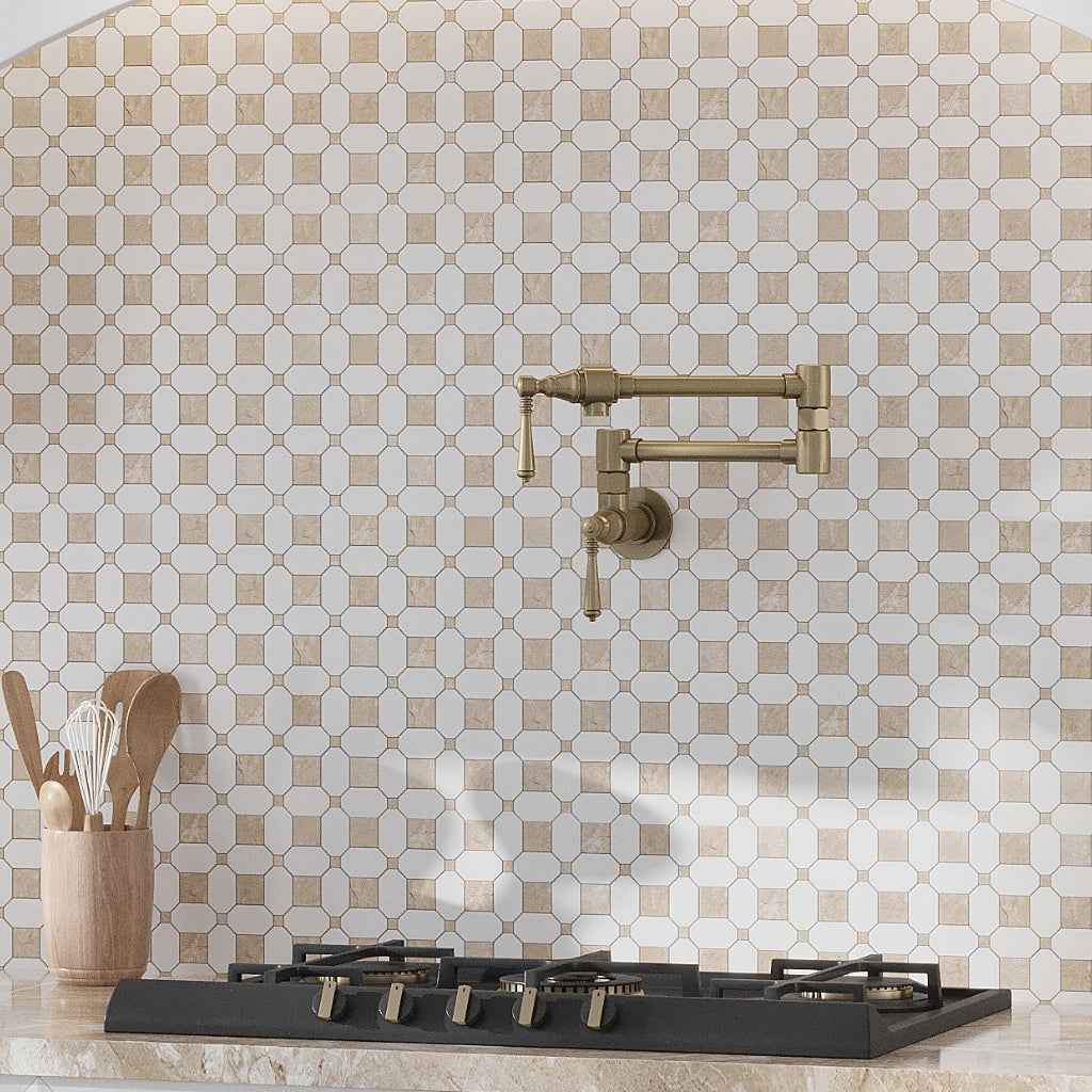White, Beige 12 x 12 Polished Thassos, Crema Marfil Marble Mosaic Tile