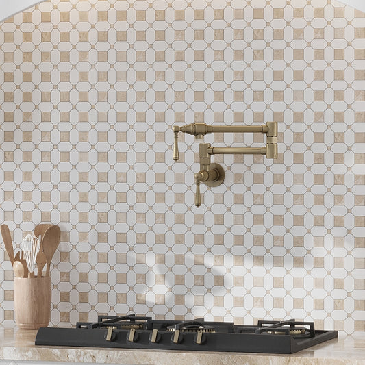 White, Beige 12 x 12 Polished Thassos, Crema Marfil Marble Mosaic Tile