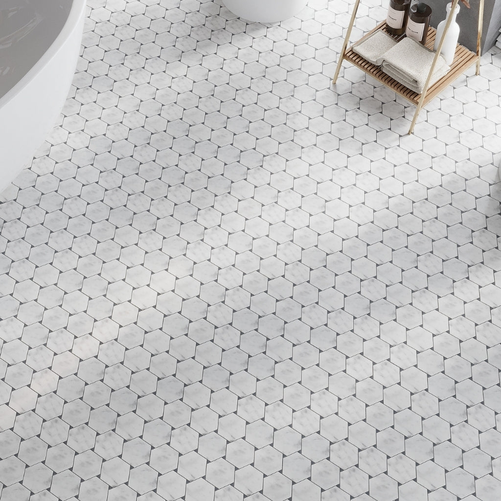 Cotton White 11 x 12 Bianco Carrara, Bardiglio Marble Polished Mosaic Tile