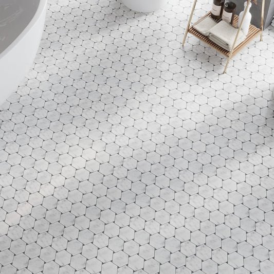 Cotton White 11 x 12 Bianco Carrara, Bardiglio Marble Polished Mosaic Tile