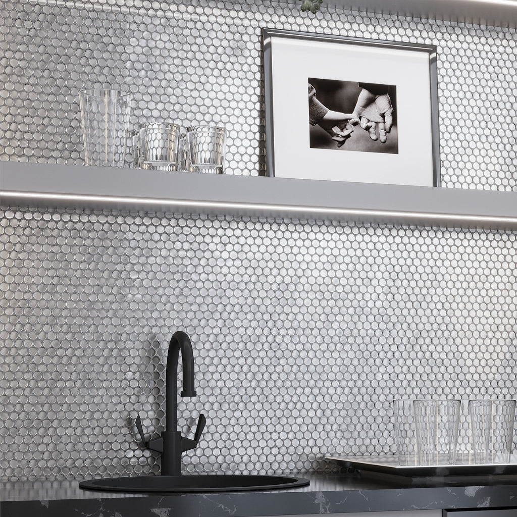 Silver 12 x 12 Glossy Penny Glass Mosaic Tile