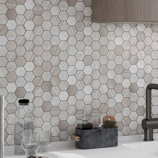 Wooden Grey 12 x 12 Etched Polished Marble Mosaic Tile