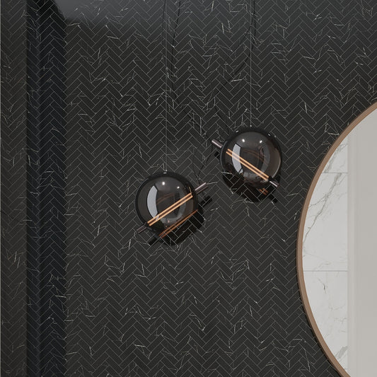 Black Marquina 11 x 12 Polished Porcelain Herringbone Tile