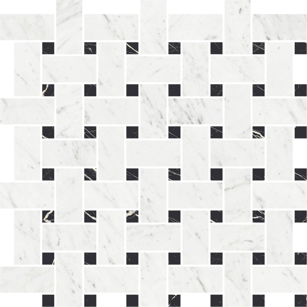 White, Black 12x12 Matte Gres Porcelain Basketweave Mosaic Tile