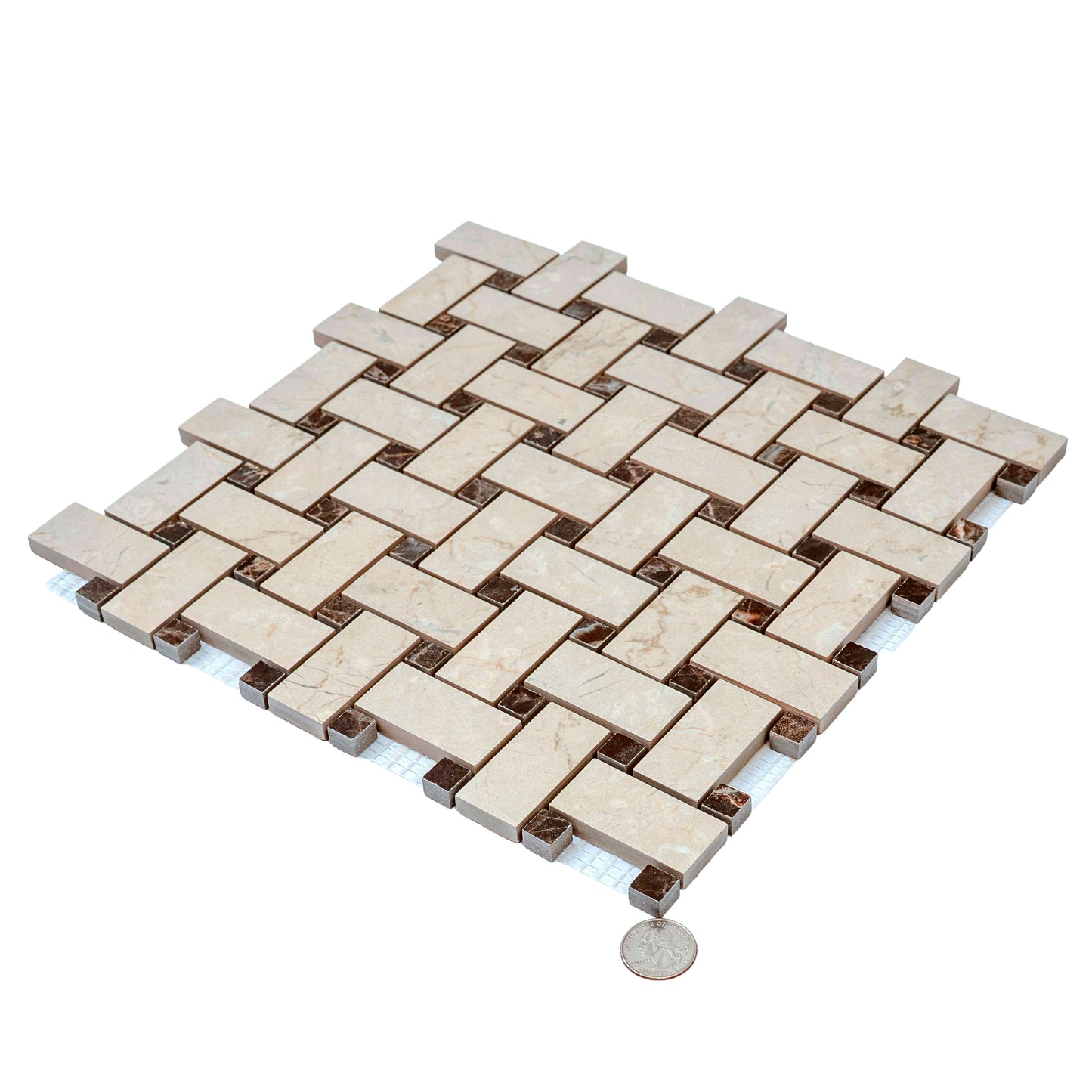 Beige, Brown 12x12 Matte Gres Porcelain Basketweave Mosaic Tile - Sample