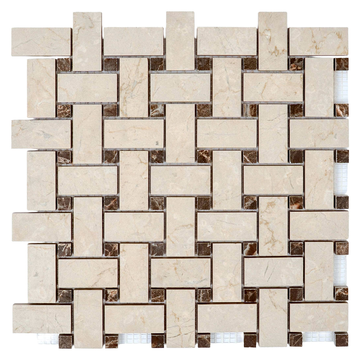 Beige and brown 12x12 matte gres porcelain basketweave mosaic tiles with rectangular and square pieces