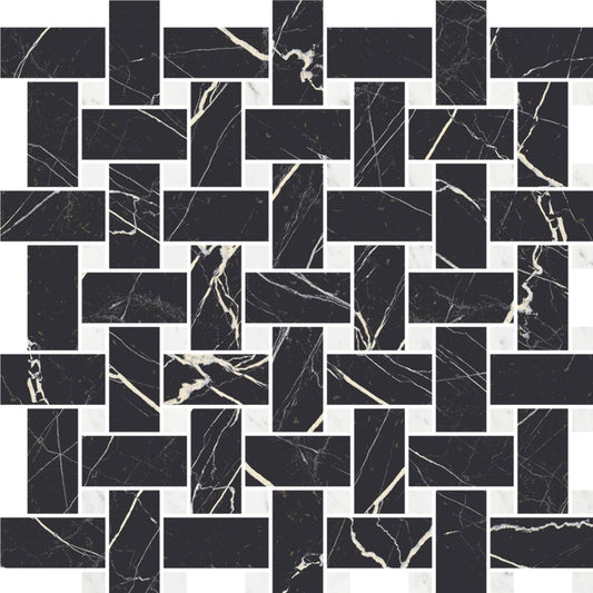 Black and white basketweave mosaic tile with matte finish and marble veining 12x12 porcelain