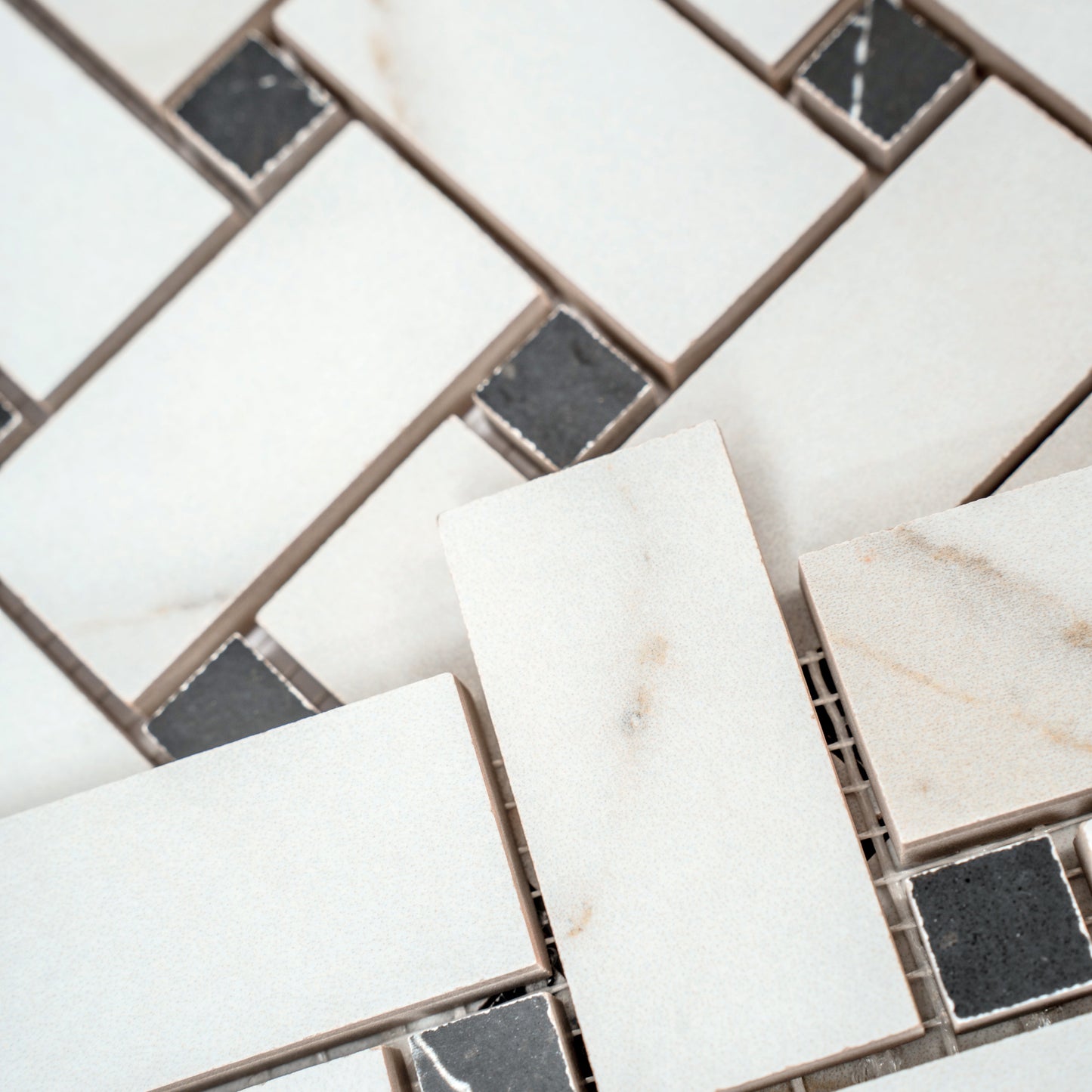 Ivory White, Black 12x12 Matte Gres Porcelain Basketweave Mosaic Tile