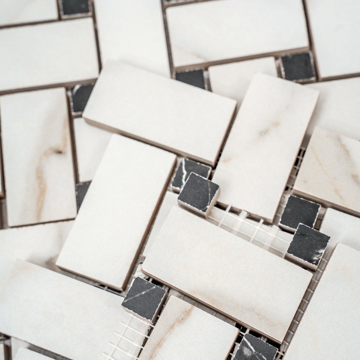 Ivory White, Black 12x12 Matte Gres Porcelain Basketweave Mosaic Tile