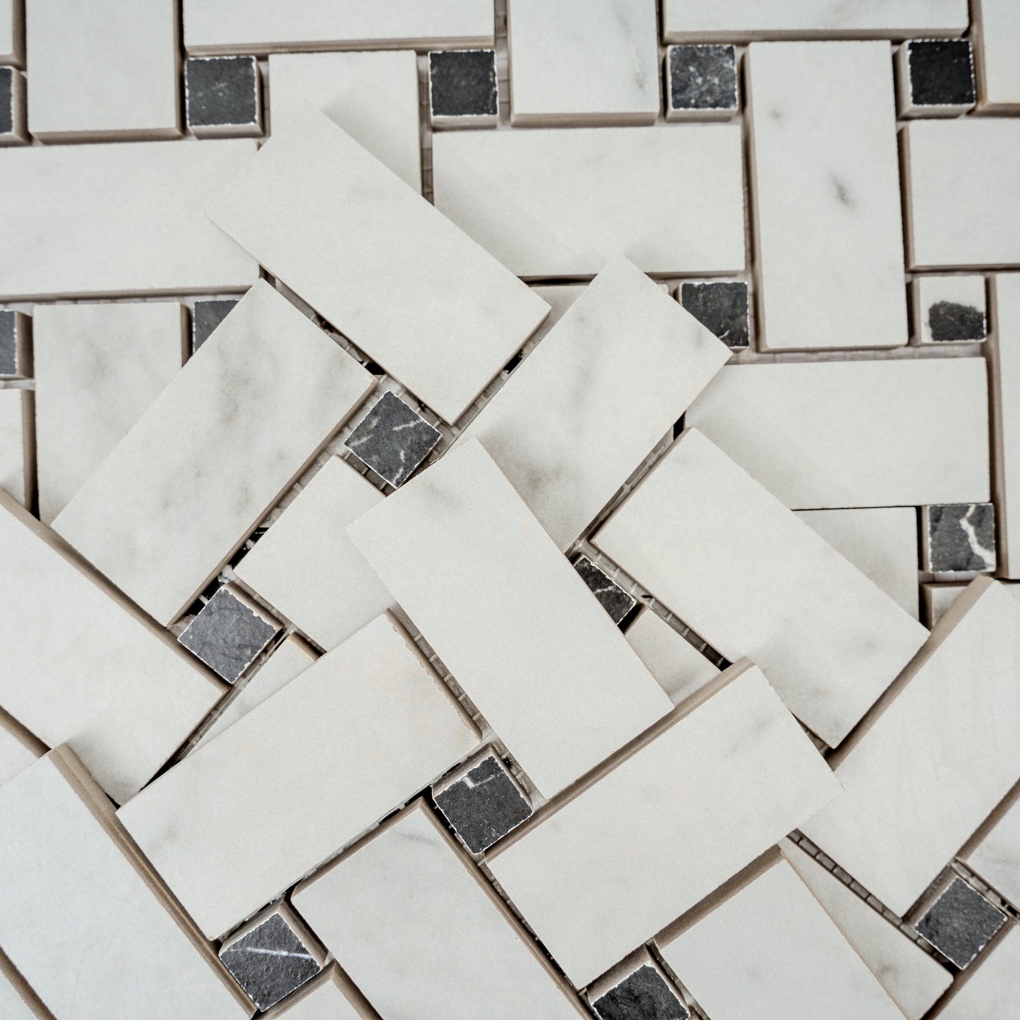 Ivory White, Black 12x12 Matte Gres Porcelain Basketweave Mosaic Tile