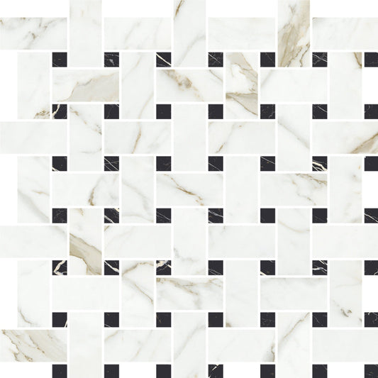 Ivory White, Black 12x12 Matte Gres Porcelain Basketweave Mosaic Tile - Sample