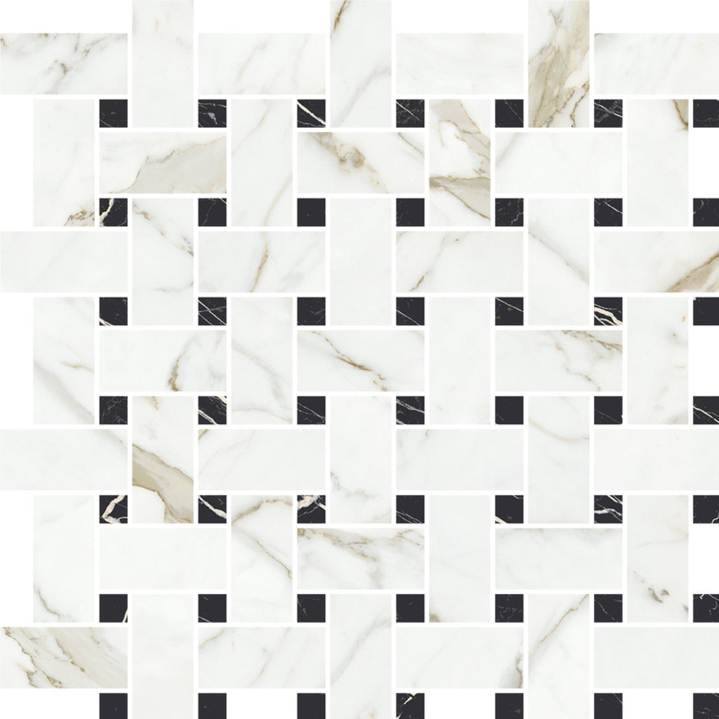 Ivory White, Black 12x12 Matte Gres Porcelain Basketweave Mosaic Tile