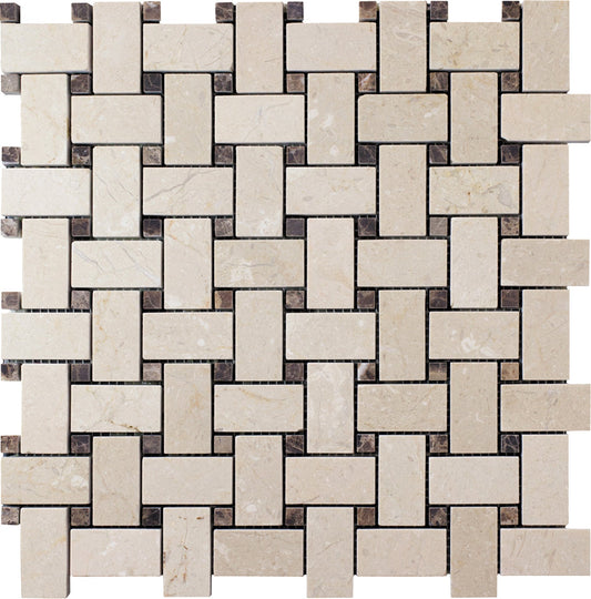 Ivory Beige 12x12 Polished Crema Marfil, Emperador Dark Marble Mosaic Tile