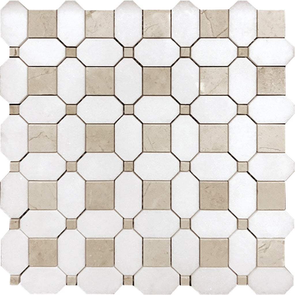 White; Beige 12 x 12 Polished Thassos, Crema Marfil Mosaic Tile