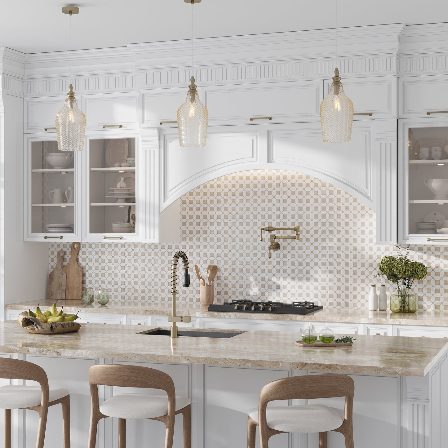 White, Beige 12 x 12 Polished Thassos, Crema Marfil Marble Mosaic Tile