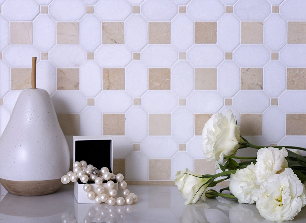 White; Beige 12 x 12 Polished Thassos, Crema Marfil Mosaic Tile